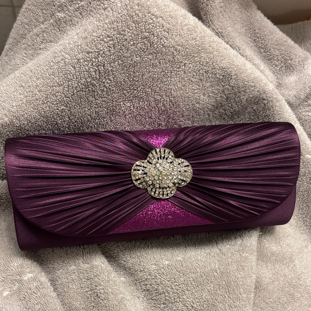 Elegant Satin Purple Clutch with Rhinestone & Sparkle Accent